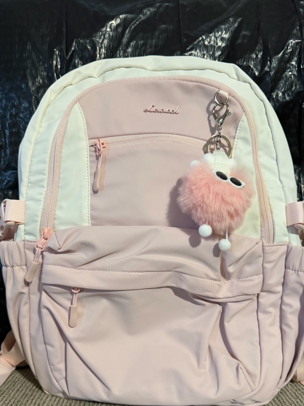 Kids White & Pink School Backpack with Pom-Pom Charm